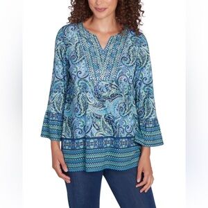 Ruby Rd. Paisley Boho Tunic Embellished split Neck Flounce 3/4 sleeves Small NEW